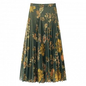 Длинная плиссированная юбка с цветочным принтом, темно-зеленый