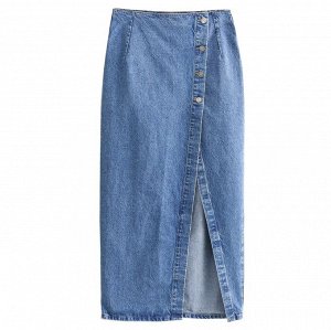 Длинная джинсовая юбка на пуговицах, синий