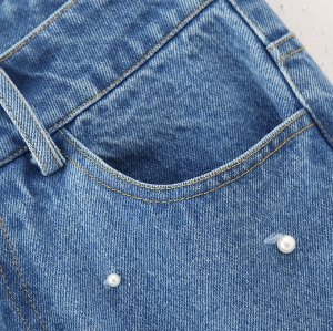 Женские прямые джинсы, расшитые бусинами, синий
