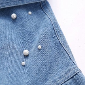 Женская джинсовая рубашка с длинными рукавами, расшита бусинами, синий