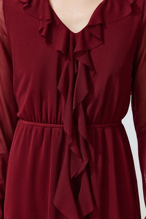Бордовое трикотажное платье миди из тюля с V-образным вырезом и оборками на подкладке