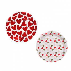 Набор тарелок бумажных, с фольгированным слоем, с сердечками, 2 цвета, красный, розовый, 20 см, 6 шт