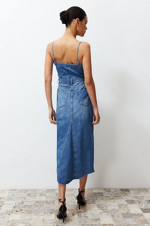 Trendyomilla Джинсовое платье макси с синим ремешком