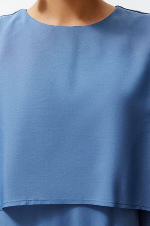 Синее однотонное  платье с деталями из аллера