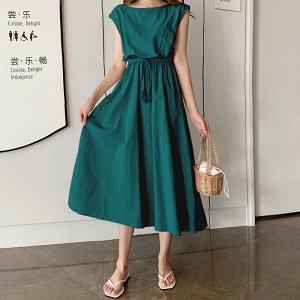Женское длинное платье без рукавов, с завязками на талии, цвет зелёный