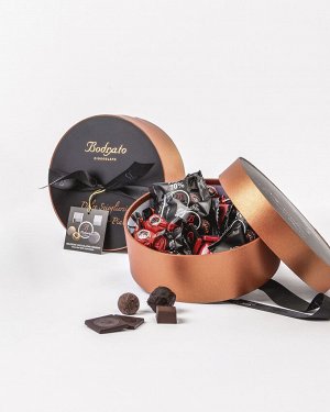 Конфеты шоколадные Ассорти пралине ручной работы в круглой бронзовой подарочной коробке (боэри, кремини, бодратини,наполитаинс)