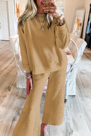 Light French Beige Textured Long Sleeve Top Drawstring Pants Set