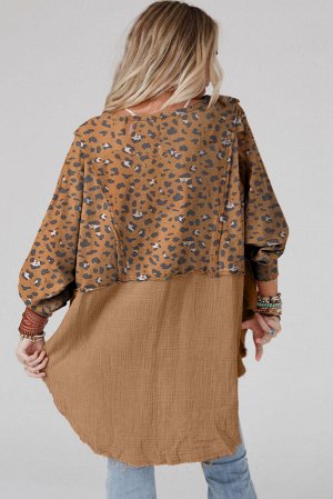 Brown Printed Raw Edge Leopard Patchwork Oversized Blouse