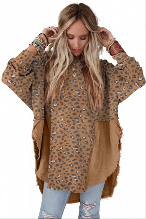 Brown Printed Raw Edge Leopard Patchwork Oversized Blouse