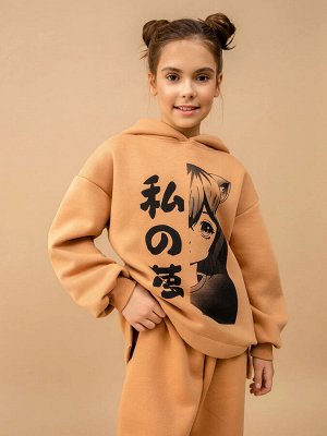 Теплое свободное худи песочного цвета с азиатским принтом для девочек