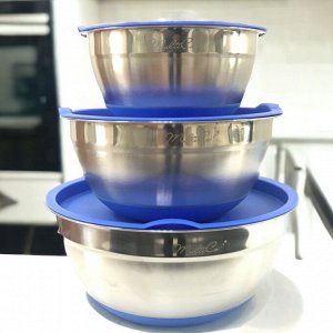 Набор металлических мисок 3 шт, ( 1,5, 2,35, 3,5 л), пластиковая крышка, нержавеющая сталь сталь