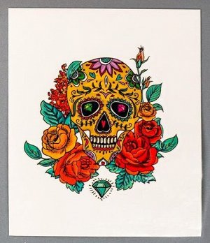 Татуировка на тело "Череп с розами и рубинами" , 9,5х9,5
