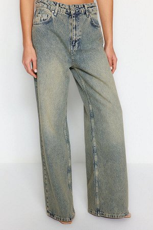 Синие винтажные широкие джинсы с нормальной талией и эффектом выцветания