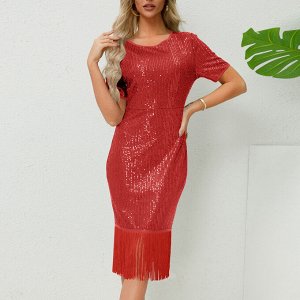 Женское праздничное платье с пайетками, цвет красный, снизу с бахромой