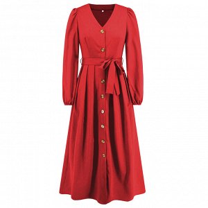 Женское платье с длинным рукавом, цвет красный, с пуговицами и поясом