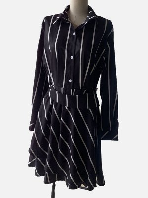 Женское короткое платье-рубашка, цвет черный, принт "полоска"