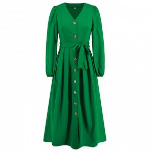 Женское платье с длинным рукавом, цвет зеленый, с пуговицами и поясом