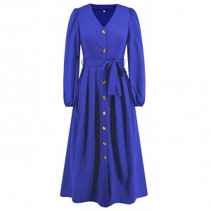 Женское платье с длинным рукавом, цвет синий, с пуговицами и поясом