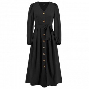 Женское платье с длинным рукавом, цвет черный, с пуговицами и поясом