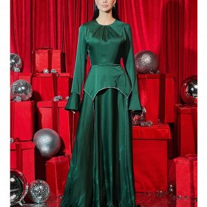 Женское праздничное платье с длинным рукавом, цвет зеленый, с имитацией баски
