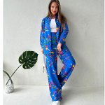 Женский костюм двойка (рубашка+широкие штаны, цвет синий, с принтом)