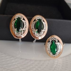 Комплект ювелирной бижутерии коллекция "Дубай",серьги и кольцо посеребрение с позолотой, вставка: камень зеленый, р-р 16, 09809, арт.001.459-16