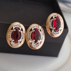 Комплект ювелирной бижутерии коллекция "Дубай",серьги и кольцо посеребрение с позолотой, вставка: камень красный, р-р 17,5, 09809, арт.001.454-17,5