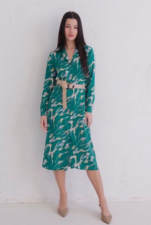 Платье-рубашка с английским воротником зелёное с принтом