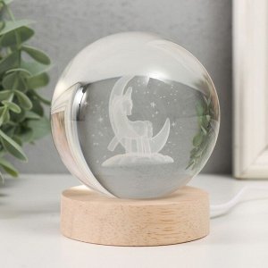 Фигурка светящаяся стекло «Единорог на месяце», d=8 см подставка дерево, USB, 8x8x9.5 см