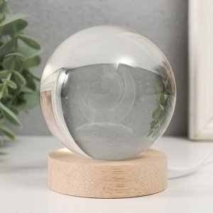 Фигурка светящаяся стекло «Единорог на месяце», d=8 см подставка дерево, USB, 8x8x9.5 см