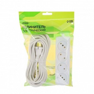 Удлинитель Luazon Lighting ECO, 4 розетки, 10 м, 10 А, 2200 Вт, ПВС 2x0.75 мм2, без заземления, белый
