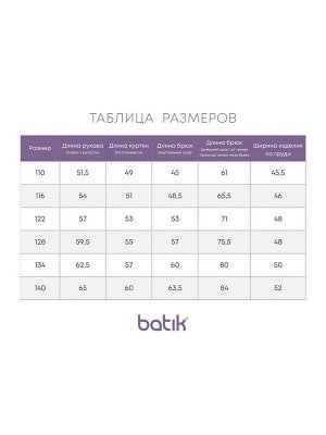 Комплект Российский размер: 110 | 116 | 122
Артикул поставщика: 652-24в-3
Сезон: Осень, Весна
Год: 2024
Страна: Россия
Утеплитель: 100 - куртка, п/к - 60 гр/м2
Подклад: Poly brushed
Ткань верха: Мембр