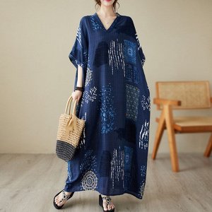 Женское длинное платье с V-образным вырезом, с принтом, синий