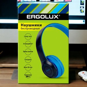 Наушники накладные беспроводные, FM, MP3, микрофон, Синие, Коробка. ERGOLUX ELX-BTHP01-C06