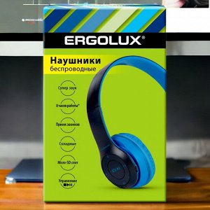 Наушники накладные беспроводные, FM, MP3, микрофон, Синие, Коробка. ERGOLUX ELX-BTHP01-C06