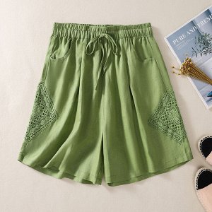 Женские шорты с эластичным поясом, с кружевными нашивками, зеленый