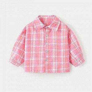 Детская рубашка на пуговицах, принт "клетка", цвет розовый