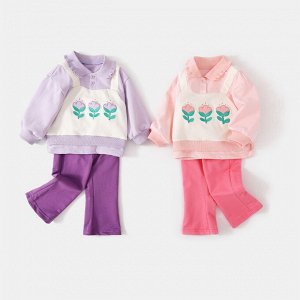 Детский костюм: кофта, принт "цветы", цвет сиреневый + брюки, цвет фиолетовый
