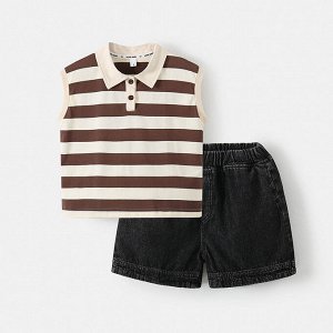 Детский костюм: футболка, принт "полоски", цвет коричневый + шорты, цвет черный
