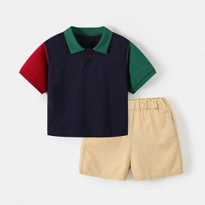 Детский костюм: футболка с воротничком + шорты, цвет темно-синий/бежевый