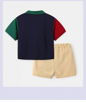 Детский костюм: футболка с воротничком + шорты, цвет темно-синий/бежевый