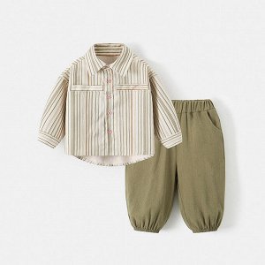 Детский костюм: рубашка, принт "вертикальная полоска" + брюки, цвет зеленый