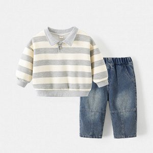 Детский костюм: кофта, принт "полоски", цвет серый/молочный + джинсы, цвет синий