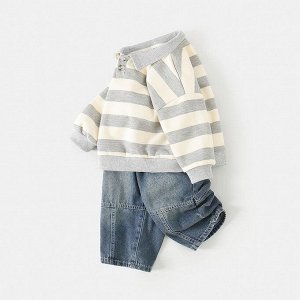Детский костюм: кофта, принт "полоски", цвет серый/молочный + джинсы, цвет синий