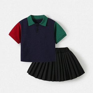 Детский костюм: футболка - поло, цвет темно-синий + юбка, цвет черный