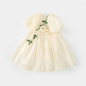 Детское платье с коротким рукавом, декор "цветы", цвет молочный