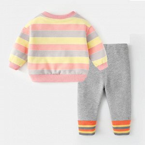 Детский костюм: кофта, принт "разноцветные полоски" + брюки, цвет серый