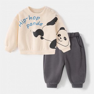 Детский костюм: кофта, принт "панда", цвет молочный + брюки, цвет серый