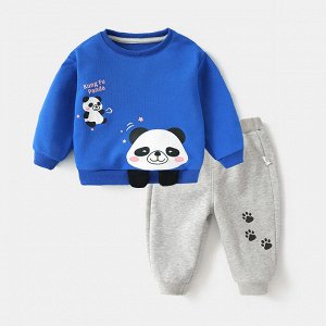 Детский костюм: свитшот + брюки, принт "панда", цвет синий/серый