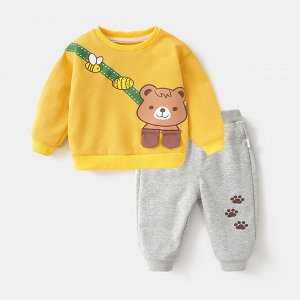 Детский костюм: свитшот + брюки, принт "медведь", цвет желтый/серый